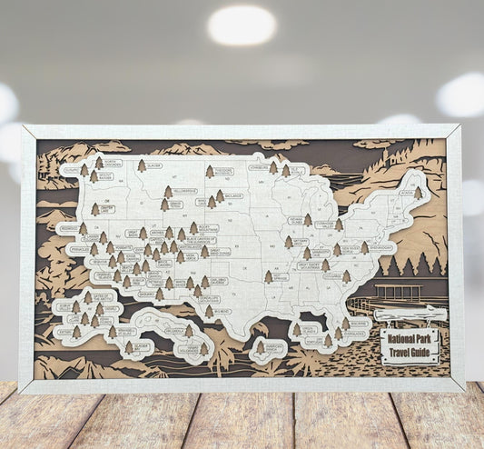 National Park Travel Tracker Map – 12x20 Laser Engraved Wood Wall Art with Green Tree Icons | Rustic Nature Gift for Outdoor Lovers