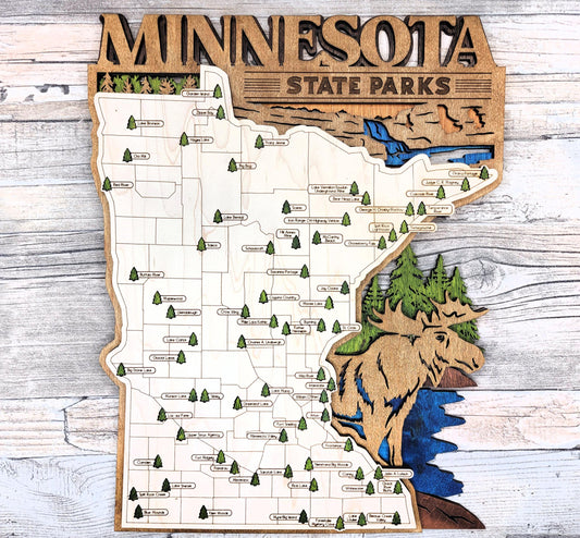 Minnesota State Park Tracker Map – 12x20 Laser Engraved Wood Wall Art with Tree Icons | Gift-Ready with Easel Display & Free Shipping