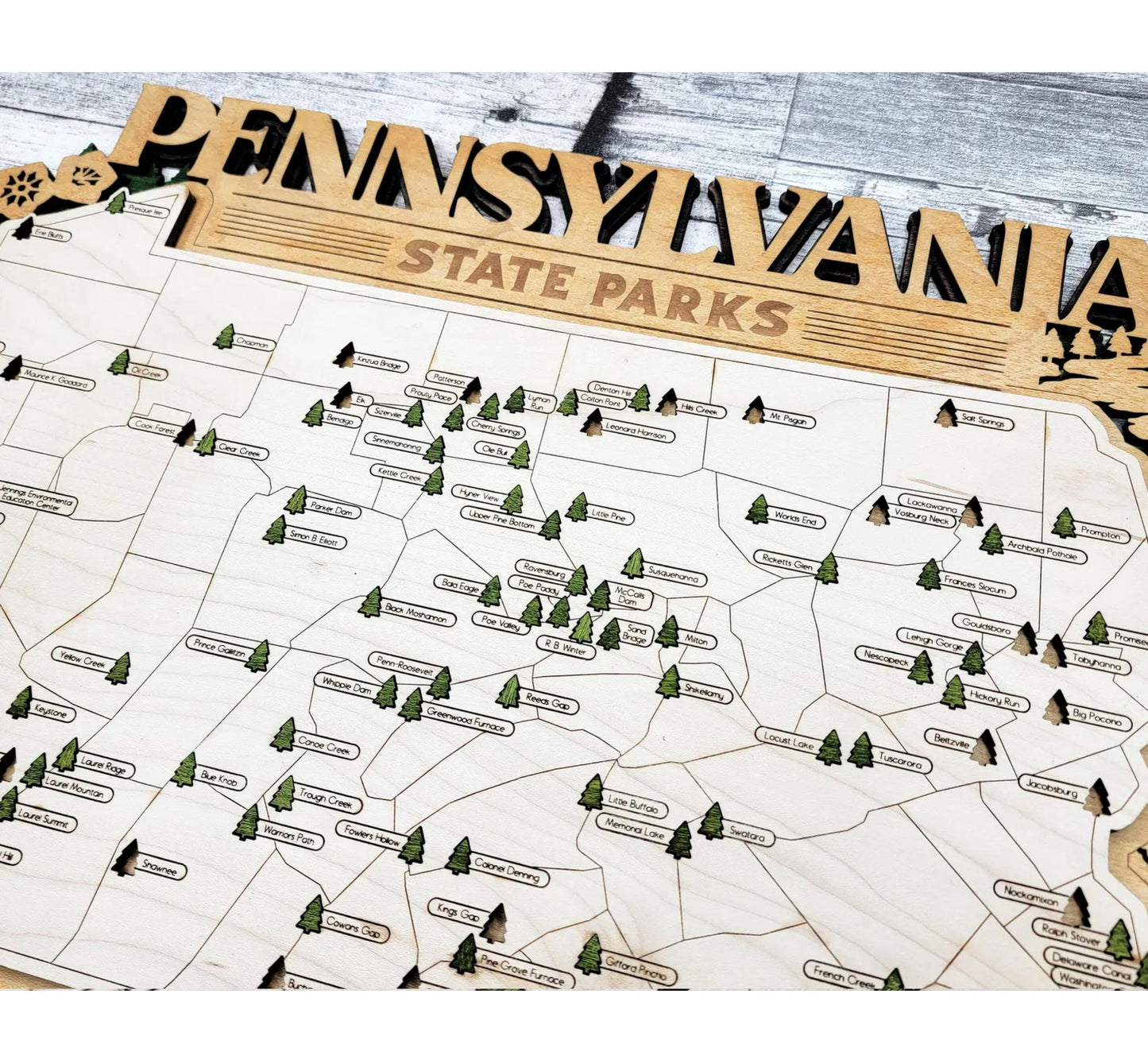 Pennsylvania State Park Tracker Map – 12x20 Laser Engraved Wood Wall Art with Tree Icons | Gift-Ready Display with Easel & Free Shipping