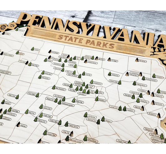 Pennsylvania State Park Tracker Map – 12x20 Laser Engraved Wood Wall Art with Tree Icons | Gift-Ready Display with Easel & Free Shipping
