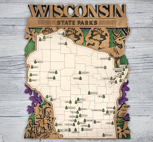Wisconsin State Park Tracker Map – 12x20 Engraved Wood Wall Art | Personalized Nature Gift, Handmade in Ohio