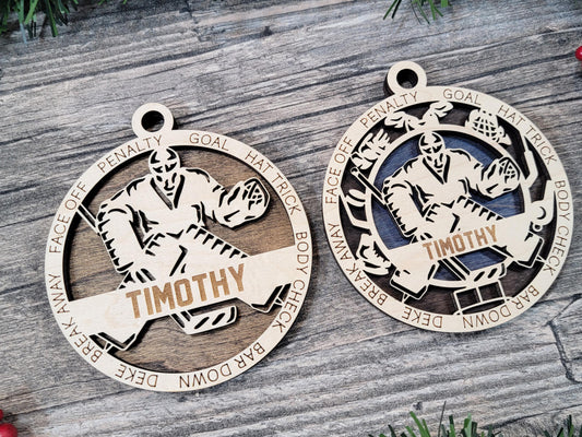 Personalized Hockey Goalie Ornament – Laser Engraved 4" Wood Ornament with Custom Name & Number | Choose Background Color