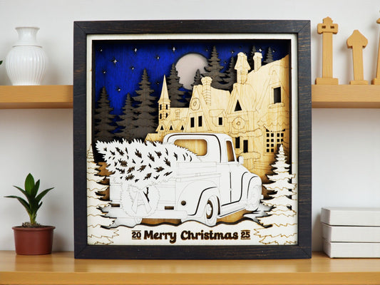 Personalized Farmhouse Scene Shelf Sitter – 3D Laser Cut & Engraved Wooden Sign