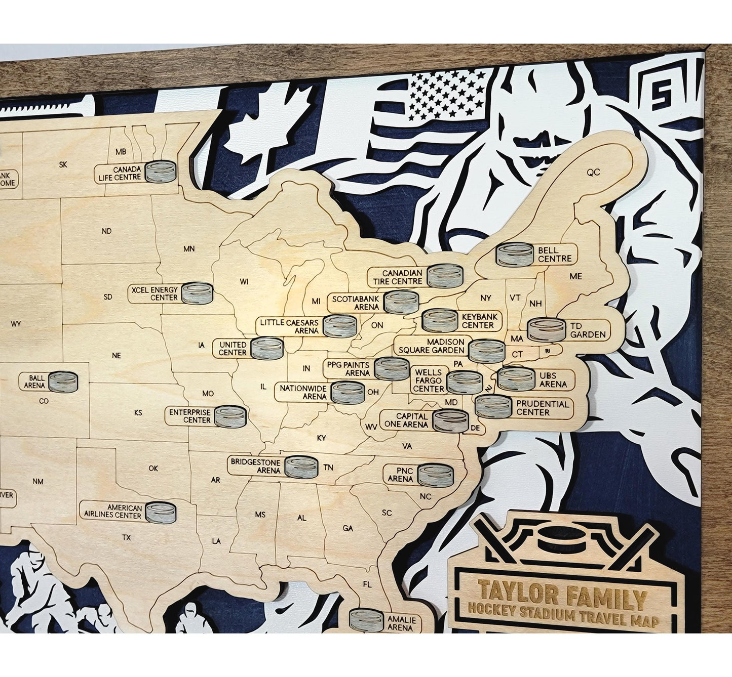 Hockey Stadium Tracker Map – 12x20 Laser Engraved Wood Wall Art with Puck Icons | Custom Team Color or Walnut Background