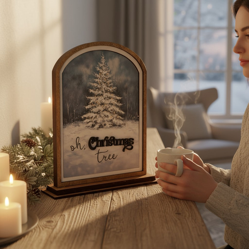 Wooden O Christmas Tree Mantle Décor – Arched or Square Frame, Shelf Sitter