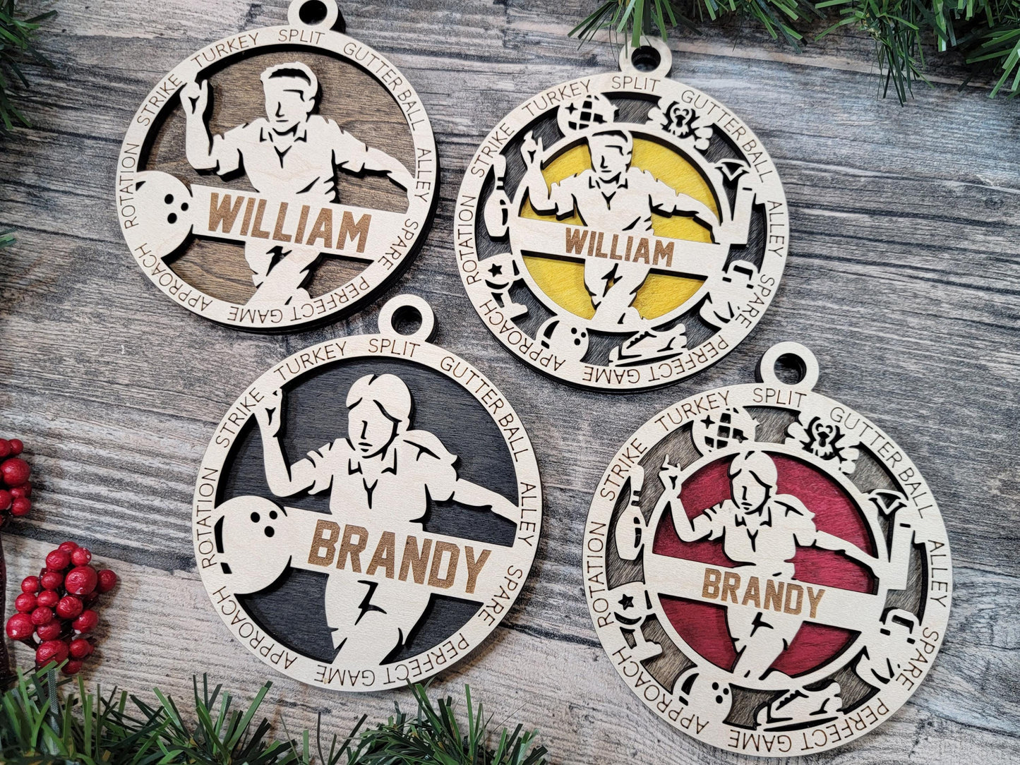 Personalized Bowling Ornament, Laser Engraved Maple Wood, Gift Box