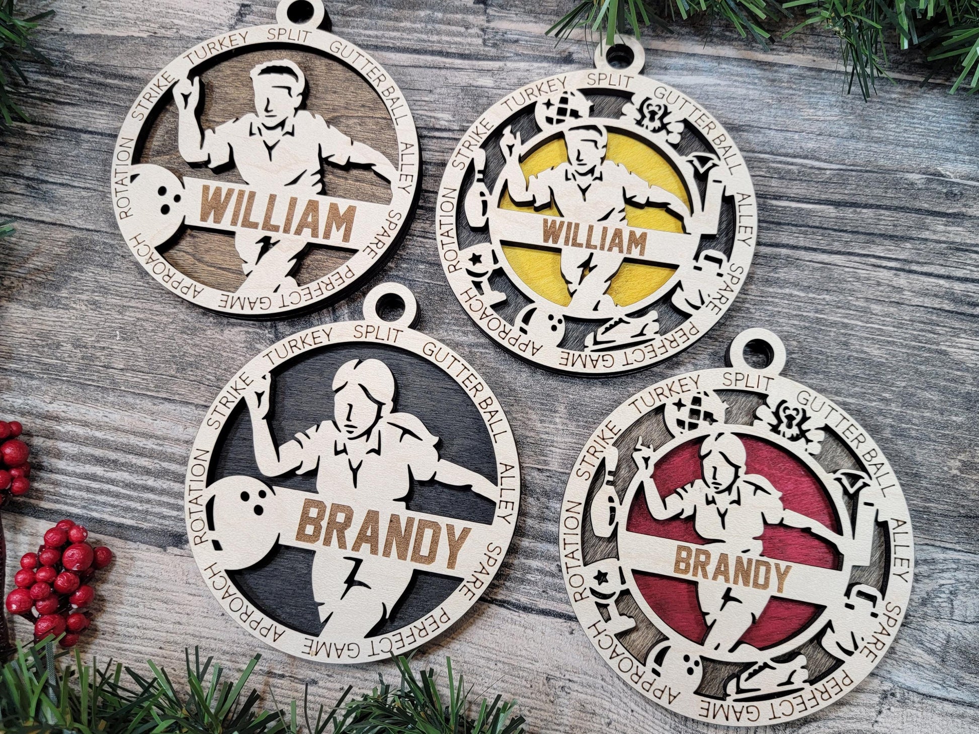 Personalized Bowling Ornament, Laser Engraved Maple Wood, Gift Box