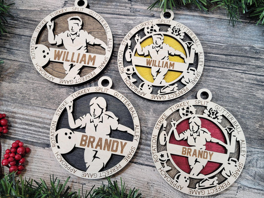 Personalized Bowling Ornament, Laser Engraved Maple Wood, Gift Box