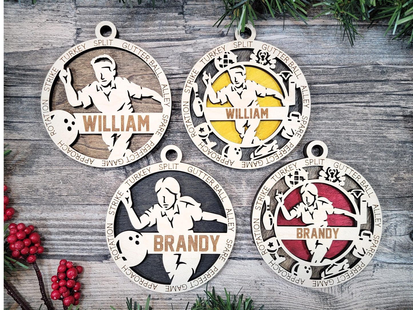 Personalized Bowling Ornament, Laser Engraved Maple Wood, Gift Box