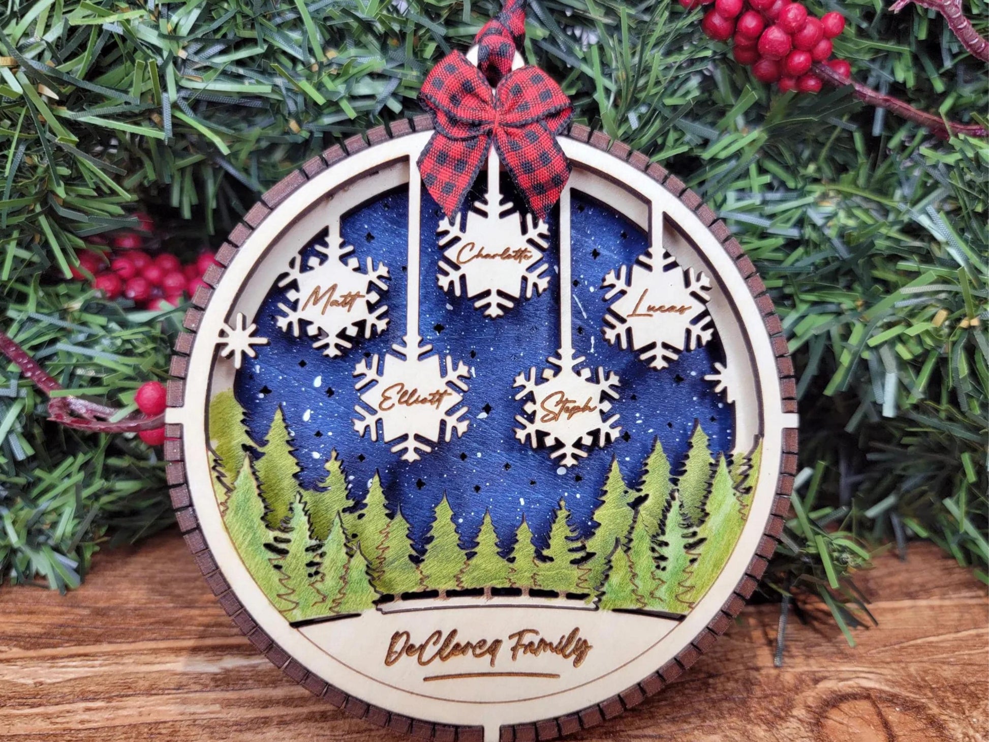 Engraved Christmas ornament detail, custom name light up ornament gift