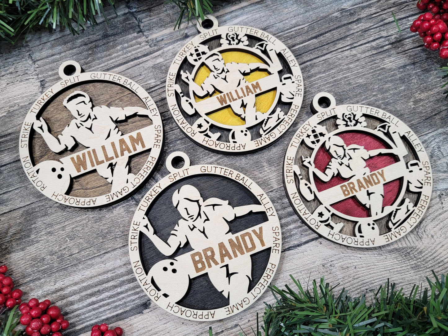 Personalized Bowling Ornament, Laser Engraved Maple Wood, Gift Box