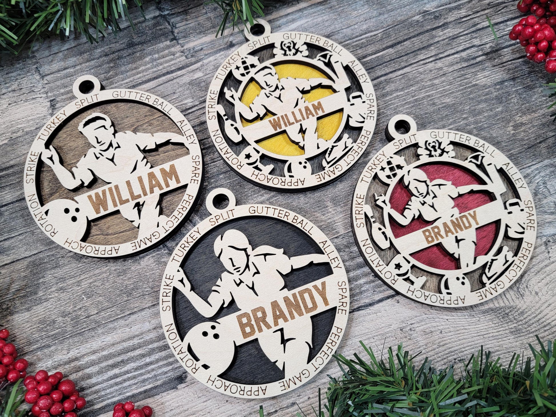 Personalized Bowling Ornament, Laser Engraved Maple Wood, Gift Box