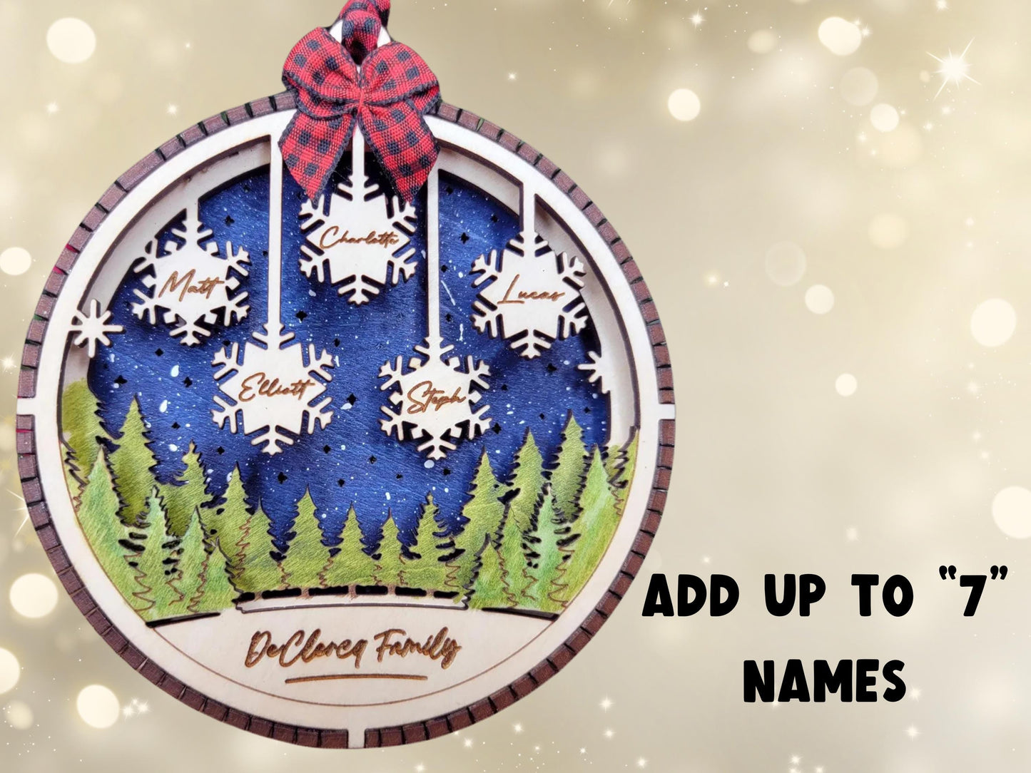 Rustic light up ornament hanging on Christmas tree, personalized holiday decoration