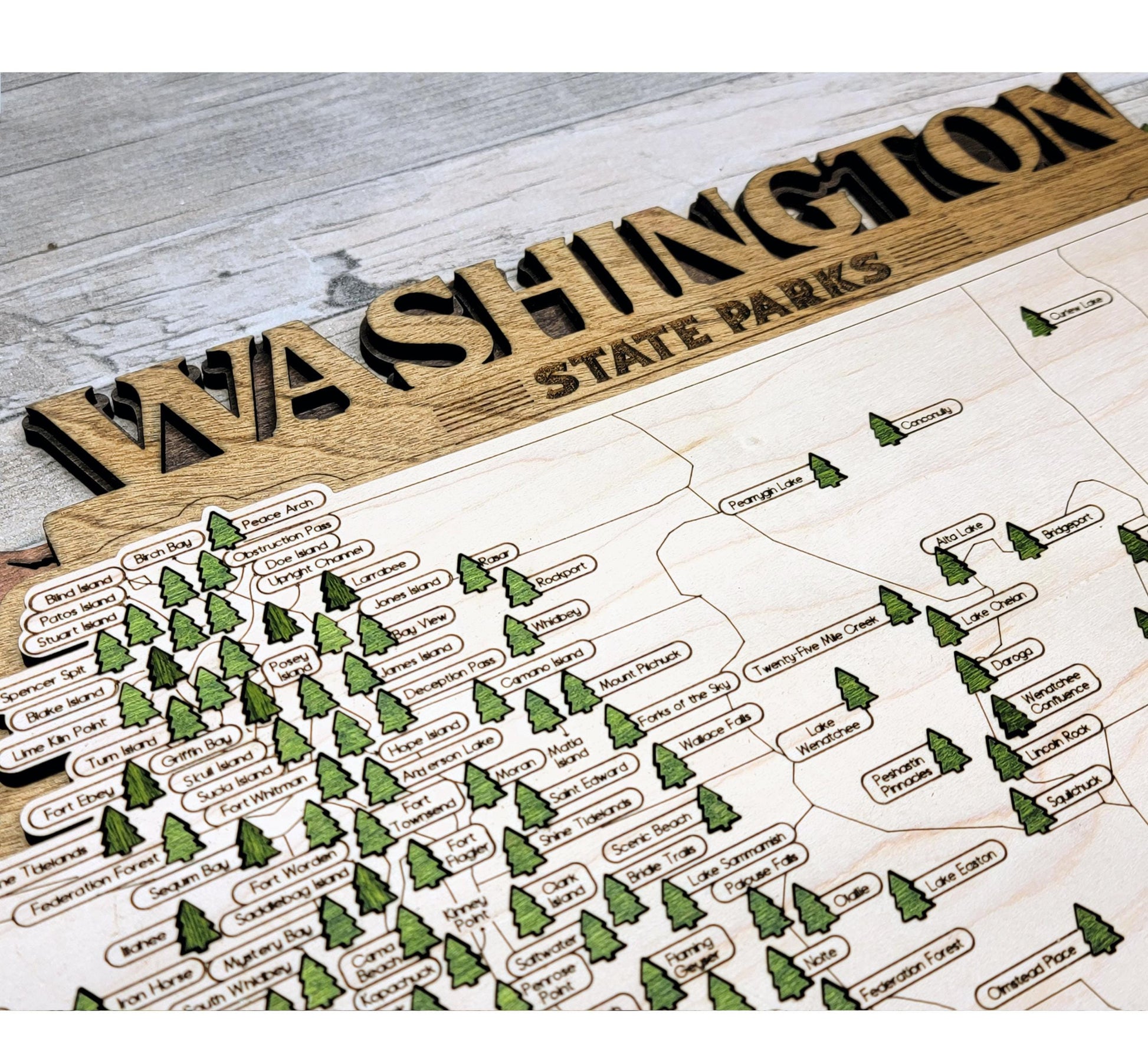 Detailed engraved Washington State Park map, laser cut wooden travel decor for hikers and travelers