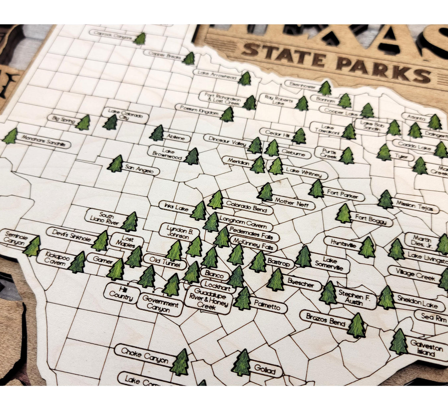 Detailed engraved Texas State Park map, laser cut wood travel decor for outdoor and nature lovers and hikers