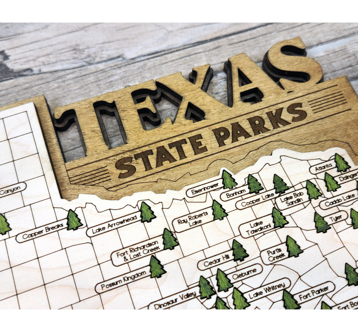 Detailed engraved Texas State Park map, laser cut wood travel decor for outdoor and nature lovers and campers