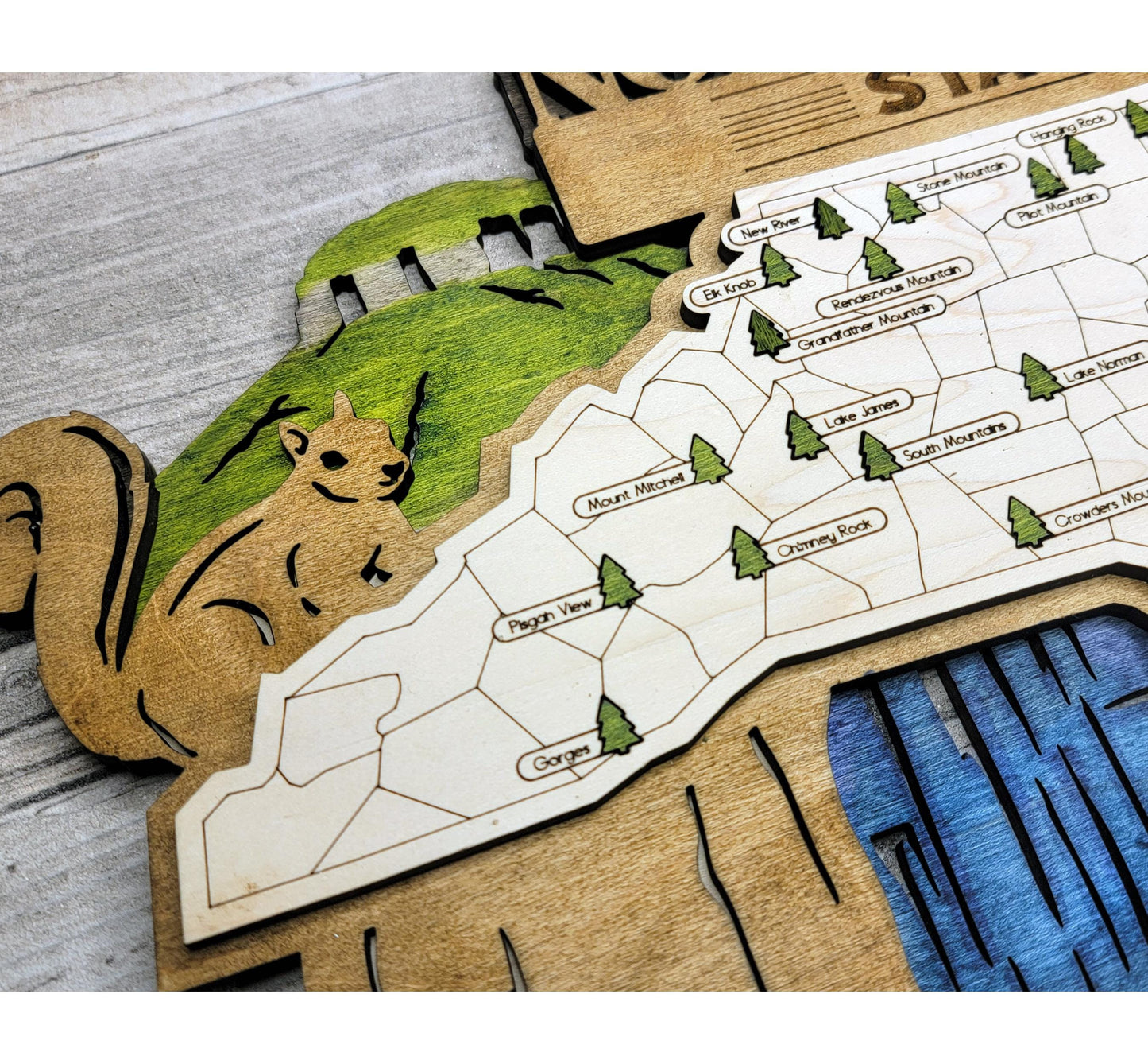 Detailed engraved North Carolina State Park map, laser cut wood wall art for outdoor and nature lovers and hikers