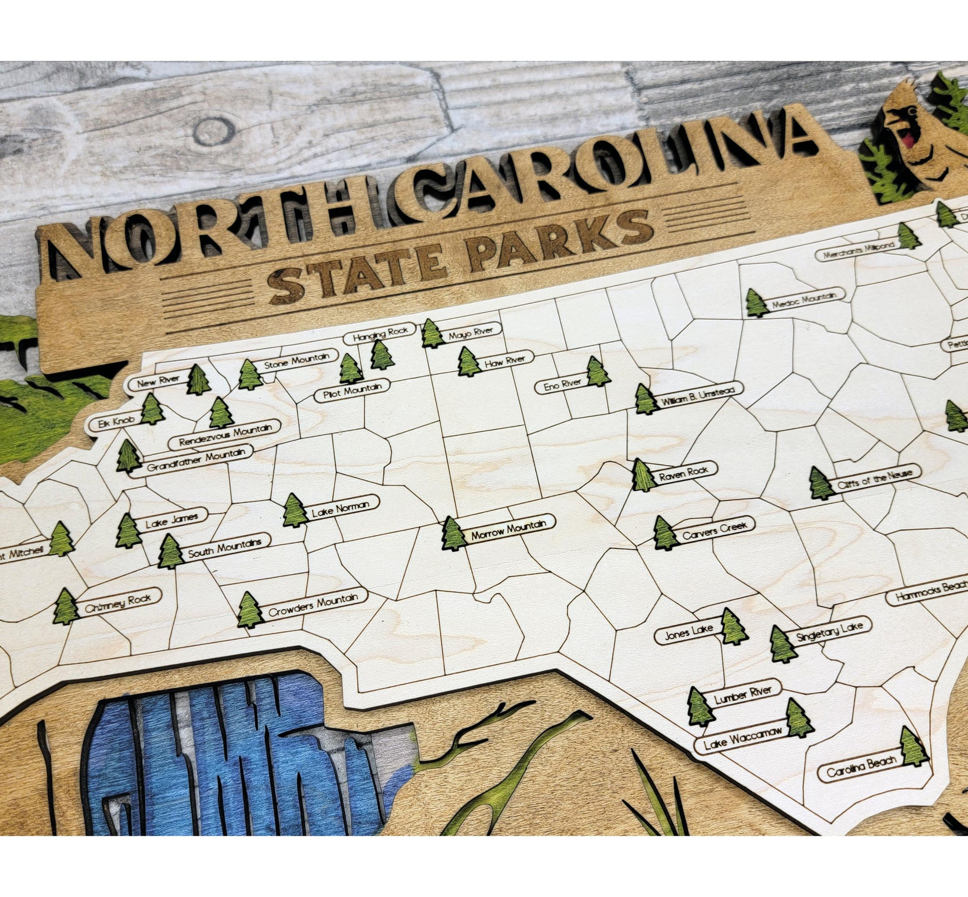 Detailed engraved North Carolina State Park map, laser cut wood wall art for outdoor and nature lovers and campers