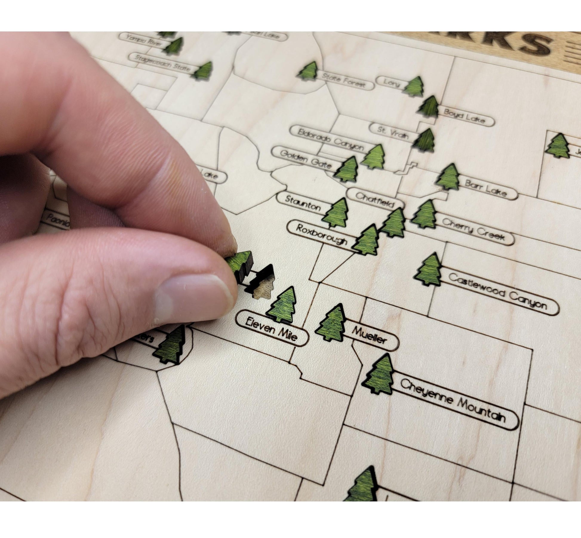 Detailed engraved Colorado State Park map, laser cut wood wall art for outdoor and nature lovers