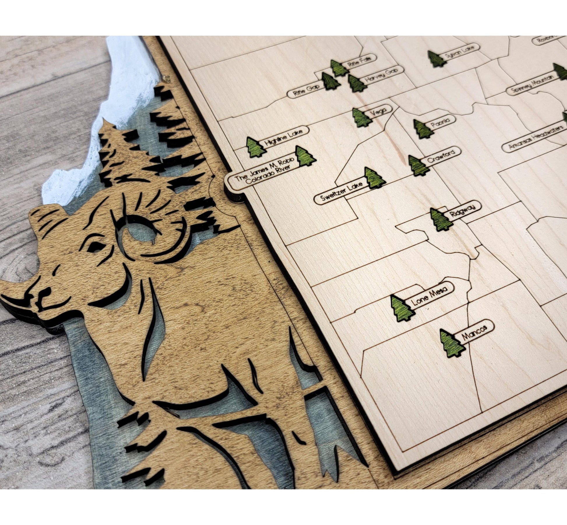 Detailed engraved Colorado State Park map, laser cut wood wall art for outdoor and nature lovers and hikers