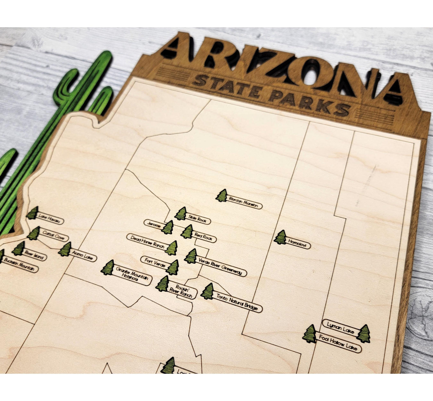 Personalized Arizona State Park travel map, engraved wood wall art gift for hikers and campers