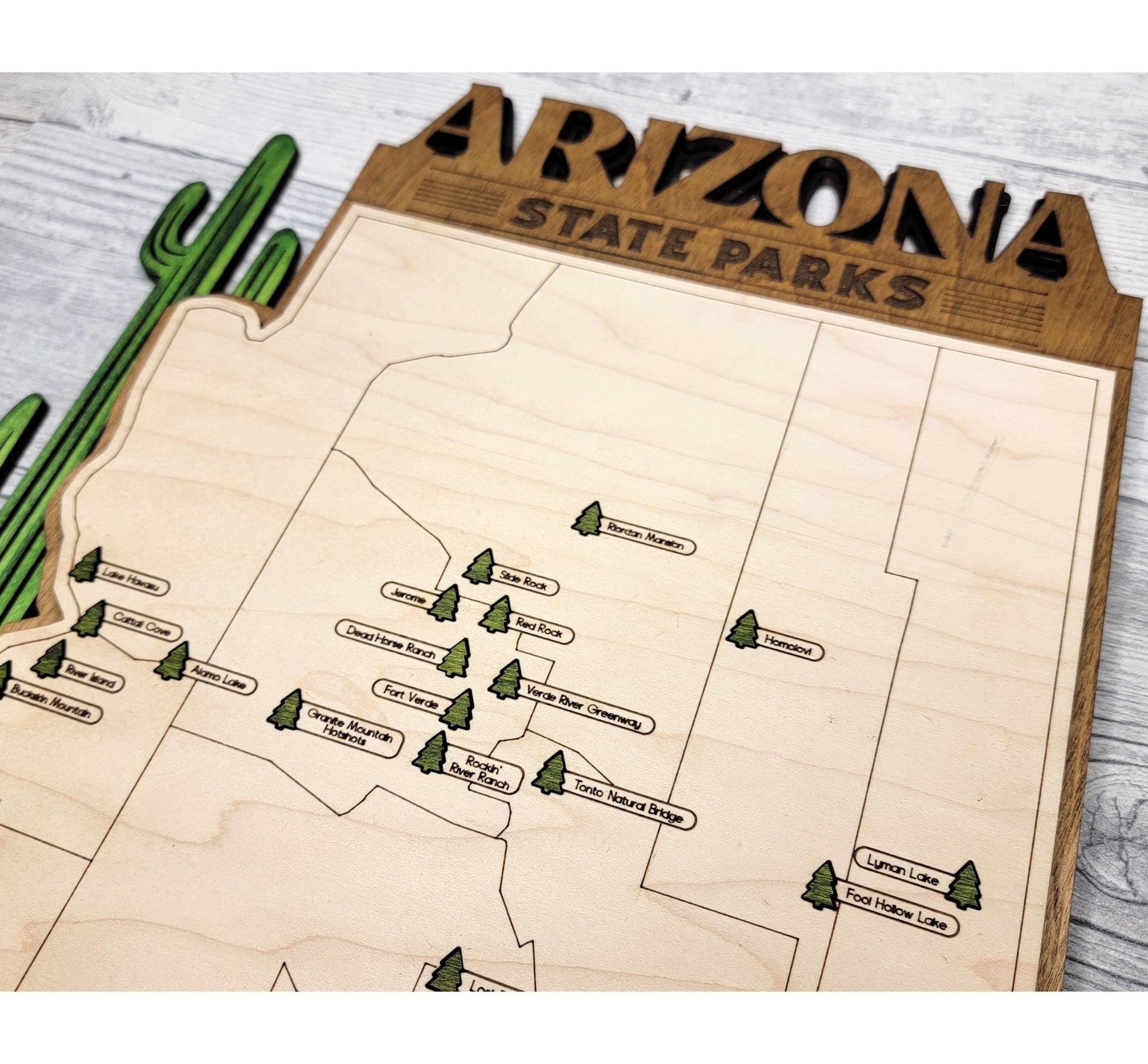 Personalized Arizona State Park travel map, engraved wood wall art gift for hikers and campers