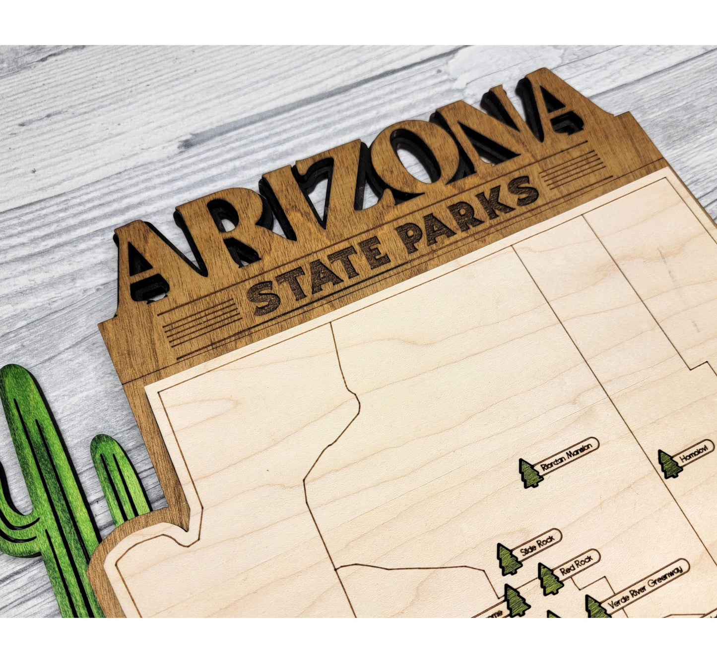 Detailed engraved Arizona State Park map, laser cut wooden wall art for outdoor and nature lovers