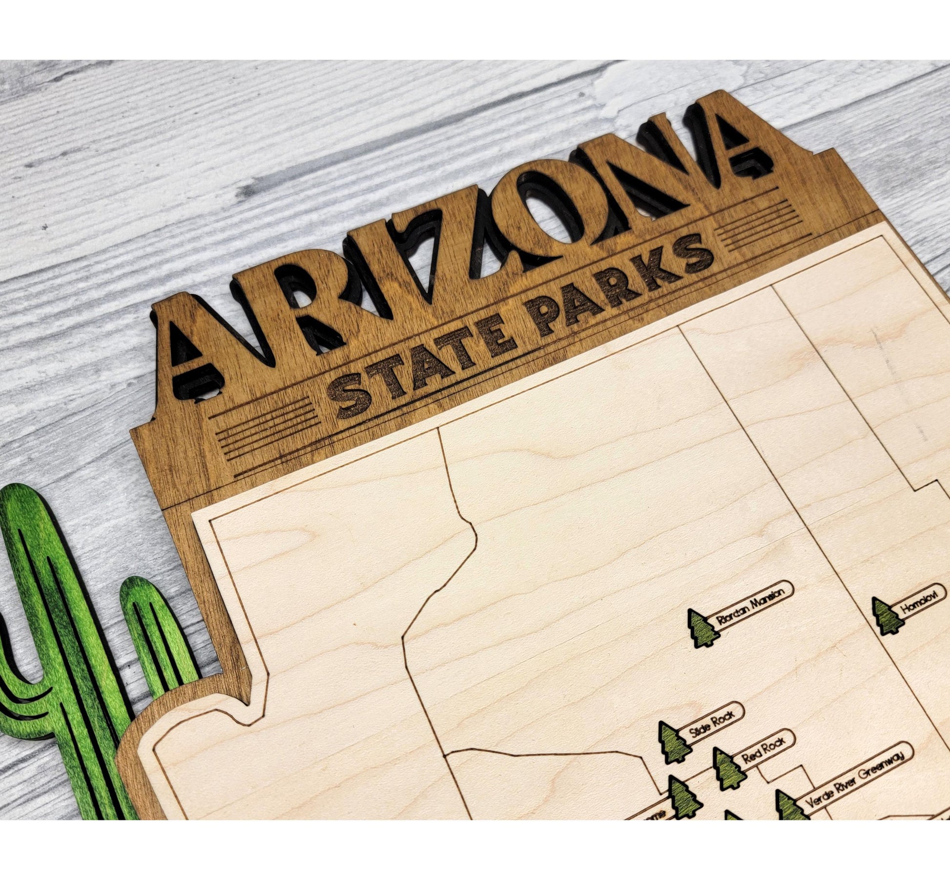 Detailed engraved Arizona State Park map, laser cut wooden wall art for outdoor and nature lovers