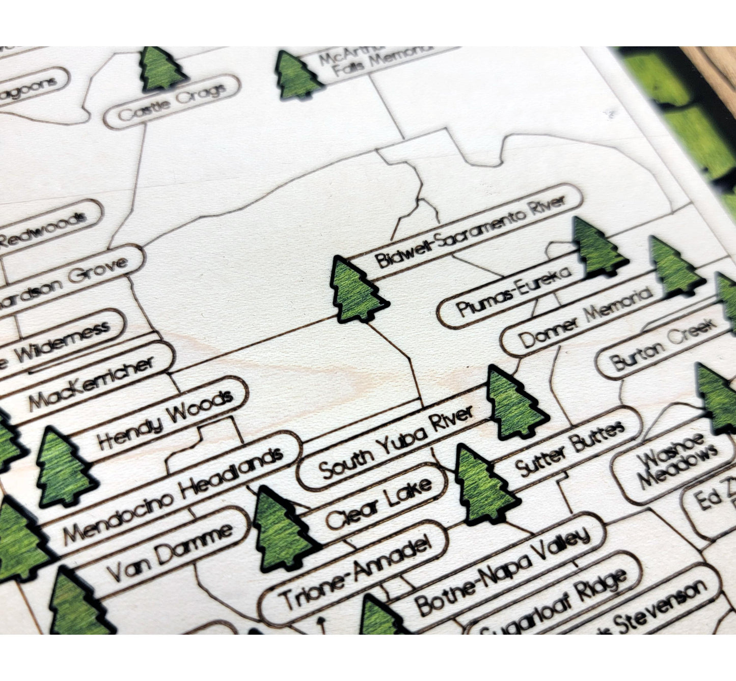 Detailed engraved Florida State Park map, laser cut wood wall art for outdoor and nature lovers and campers