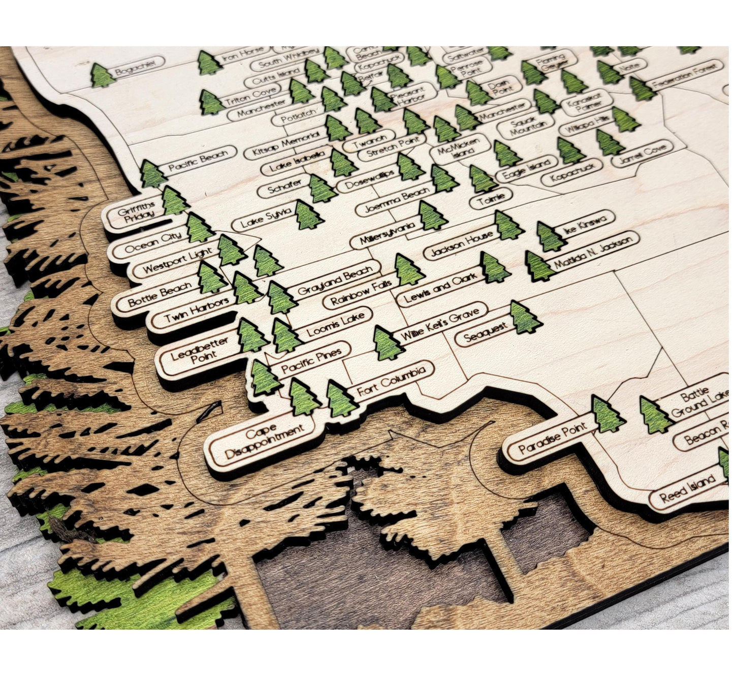 Detailed engraved Washington State Park map, laser cut wooden travel decor for hikers and campers