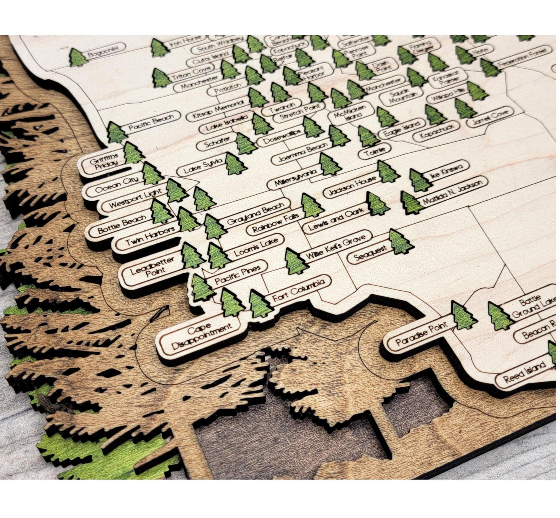Detailed engraved Washington State Park map, laser cut wooden travel decor for hikers and campers