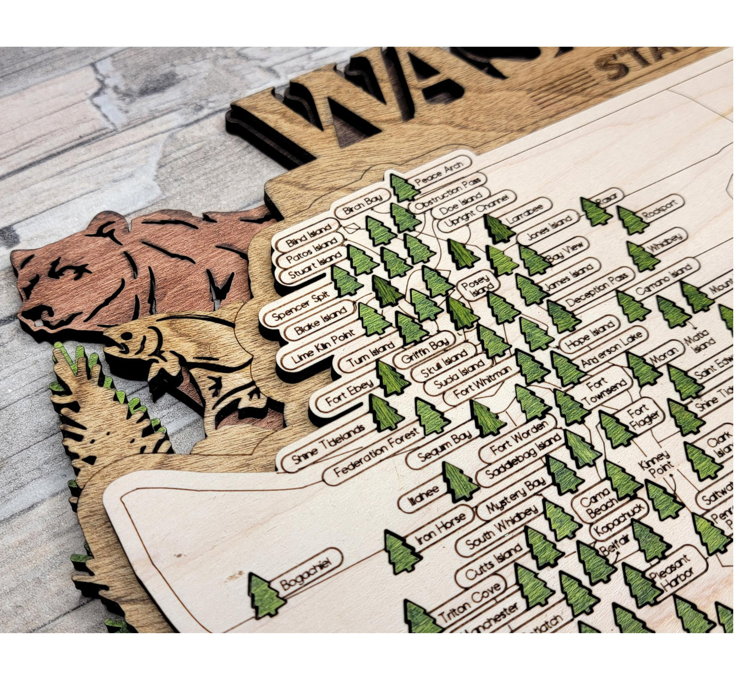 Detailed engraved Washington State Park map, laser cut wooden travel decor for hikers