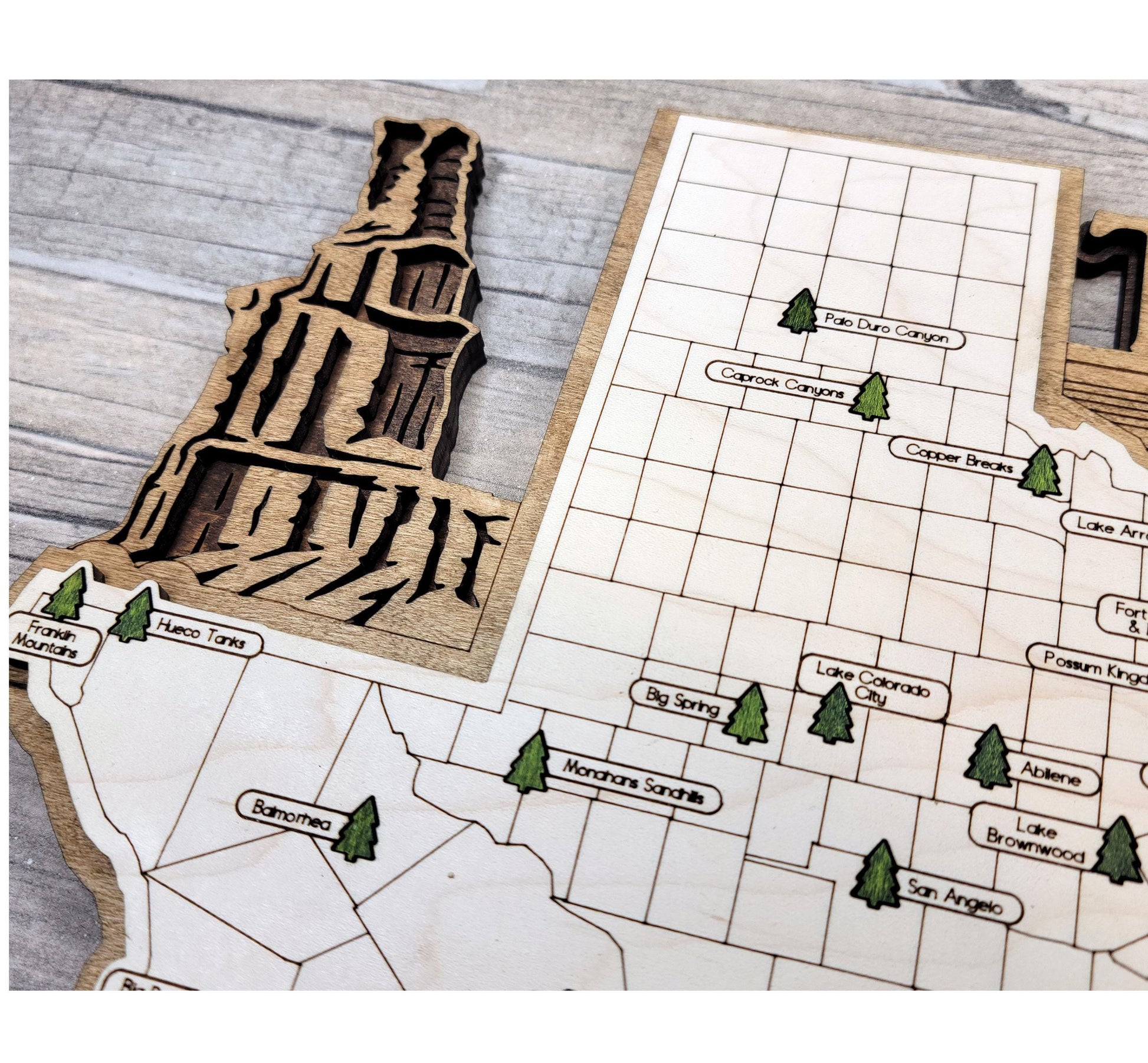 Detailed engraved Texas State Park map, laser cut wood travel decor for outdoor and nature lovers