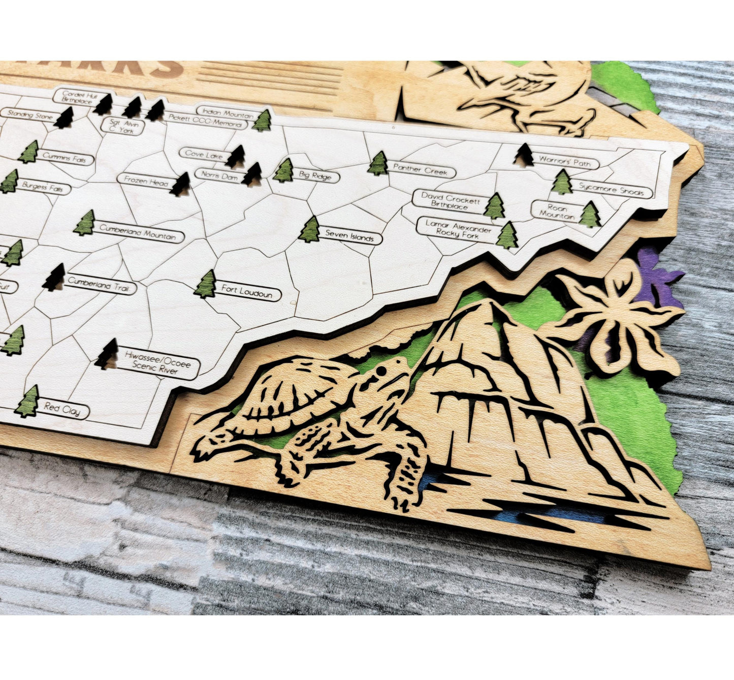 Wooden Tennessee State Park map hanging on wall, rustic engraved travel and adventure decor for hikers