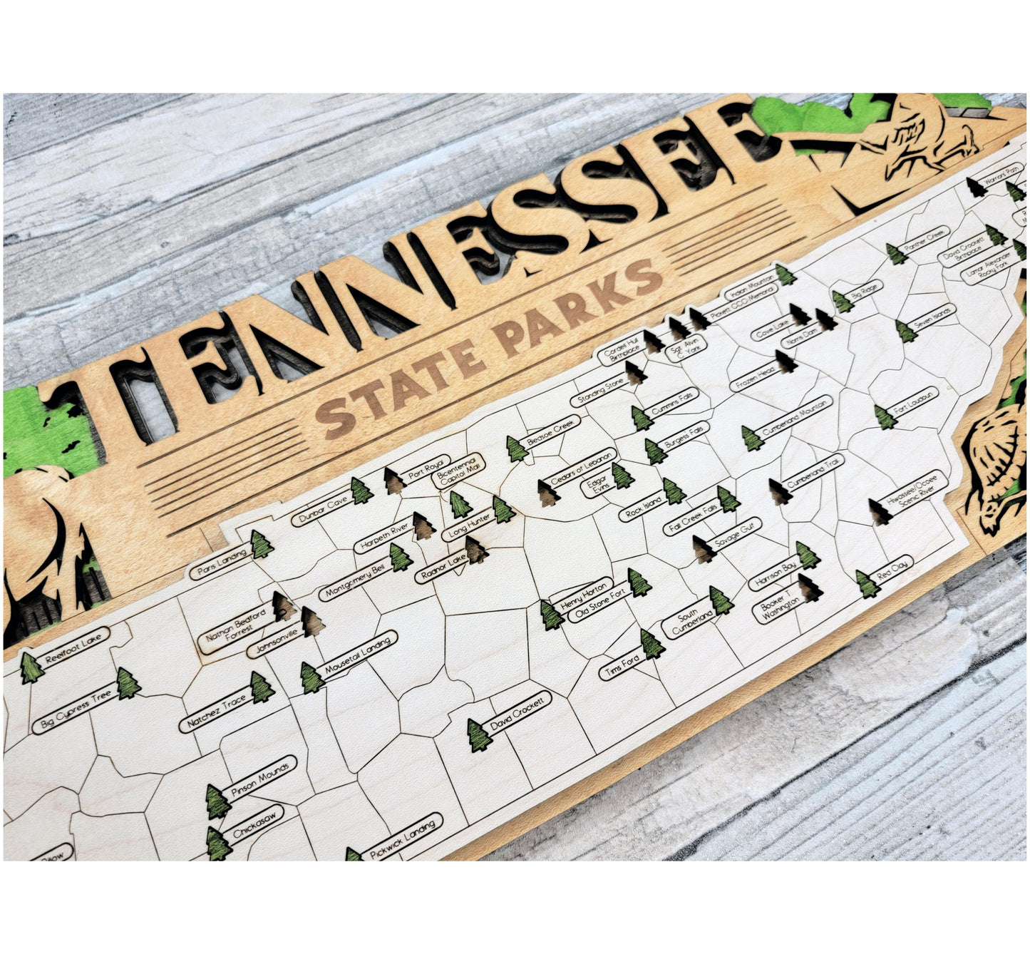 Personalized Tennessee State Park travel map, engraved wood wall art gift for hikers and campers