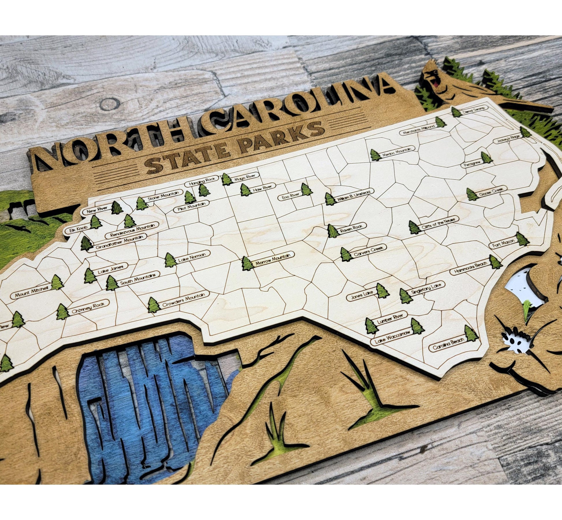 North carolina State Park travel map, engraved wooden wall art, rustic adventure home decor for travelers in detail