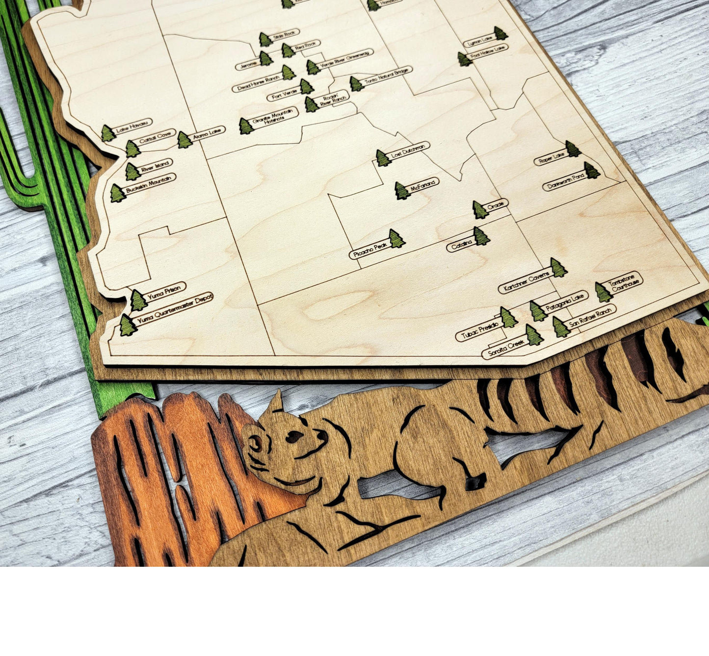 Wooden AZ State Park map hanging on wall, rustic engraved travel and adventure decor