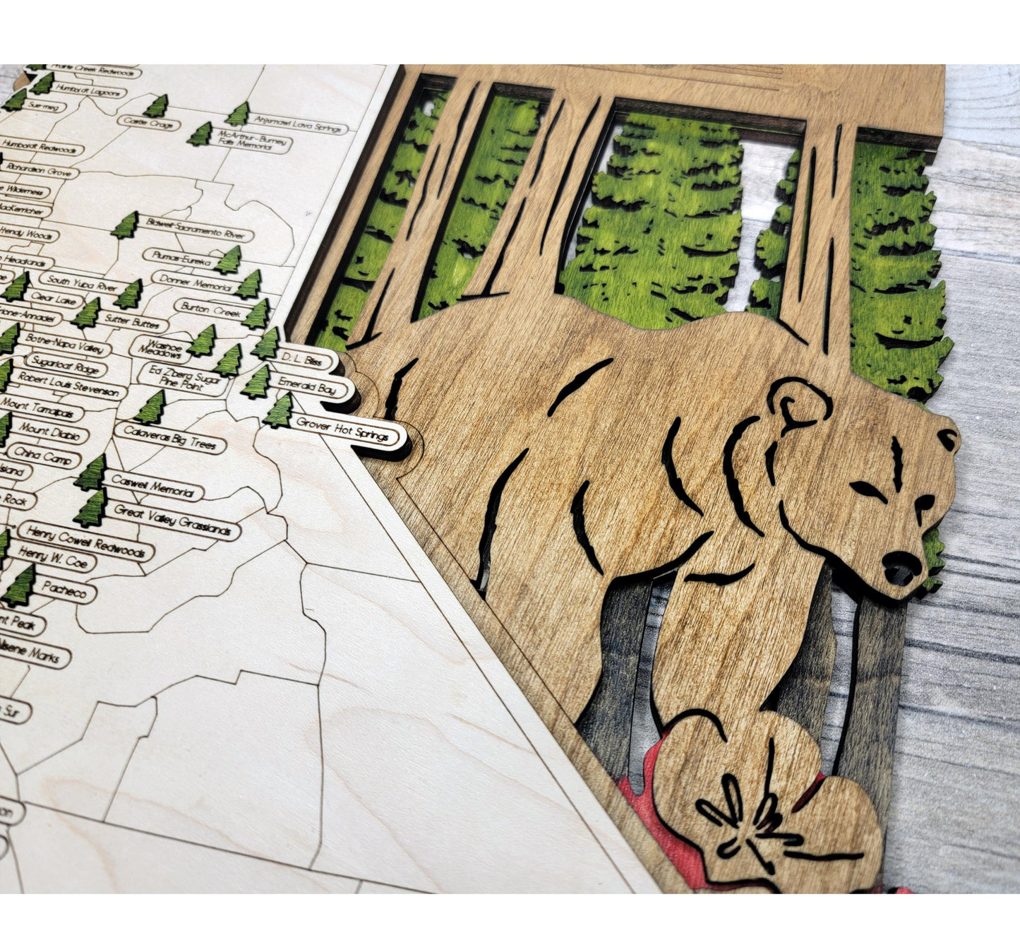 Detailed Personalized California State Park map, laser cut wood wall art for outdoor and nature lovers