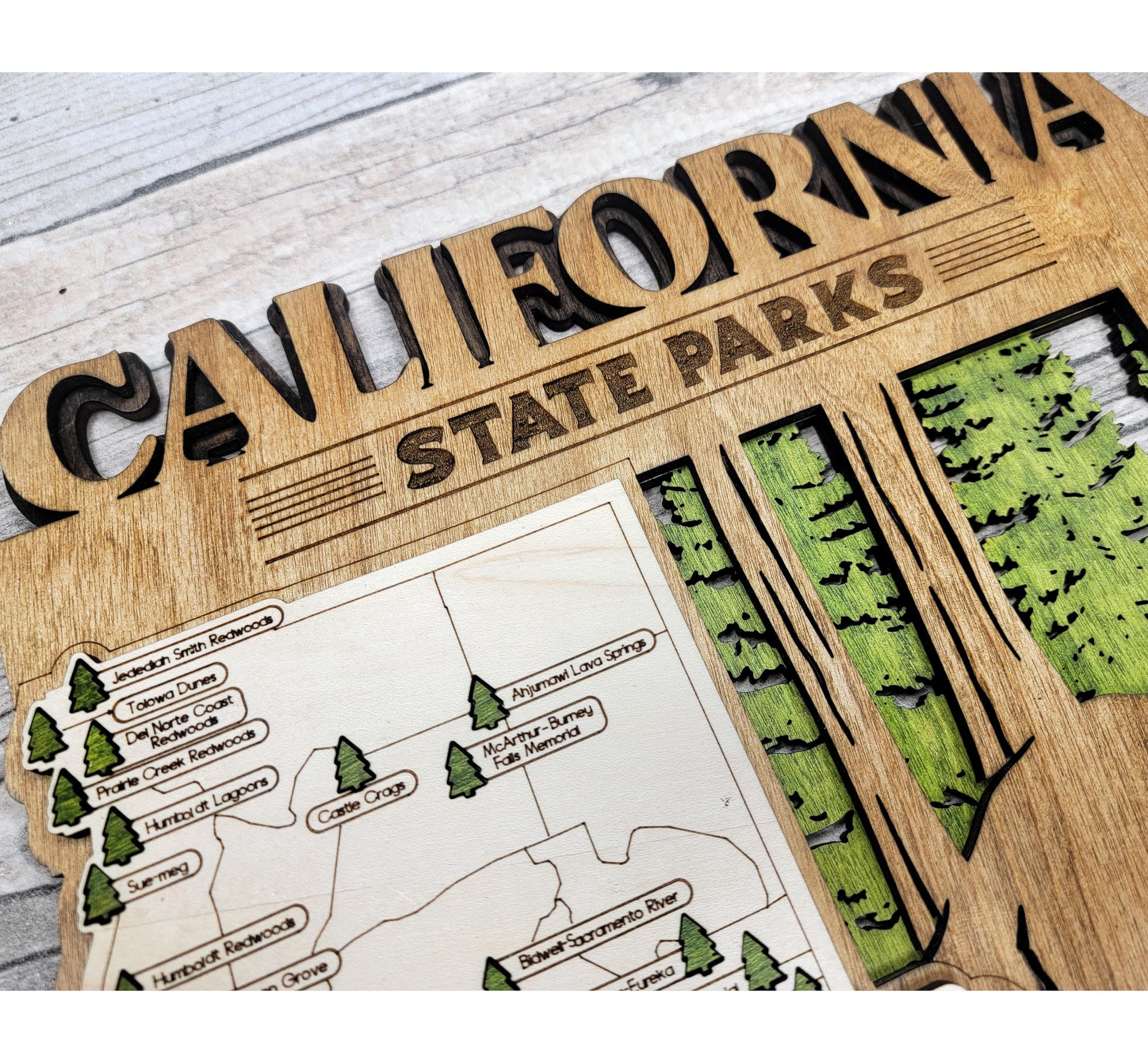 Detailed engraved California State Park map, laser cut wood wall art for outdoor and nature lovers