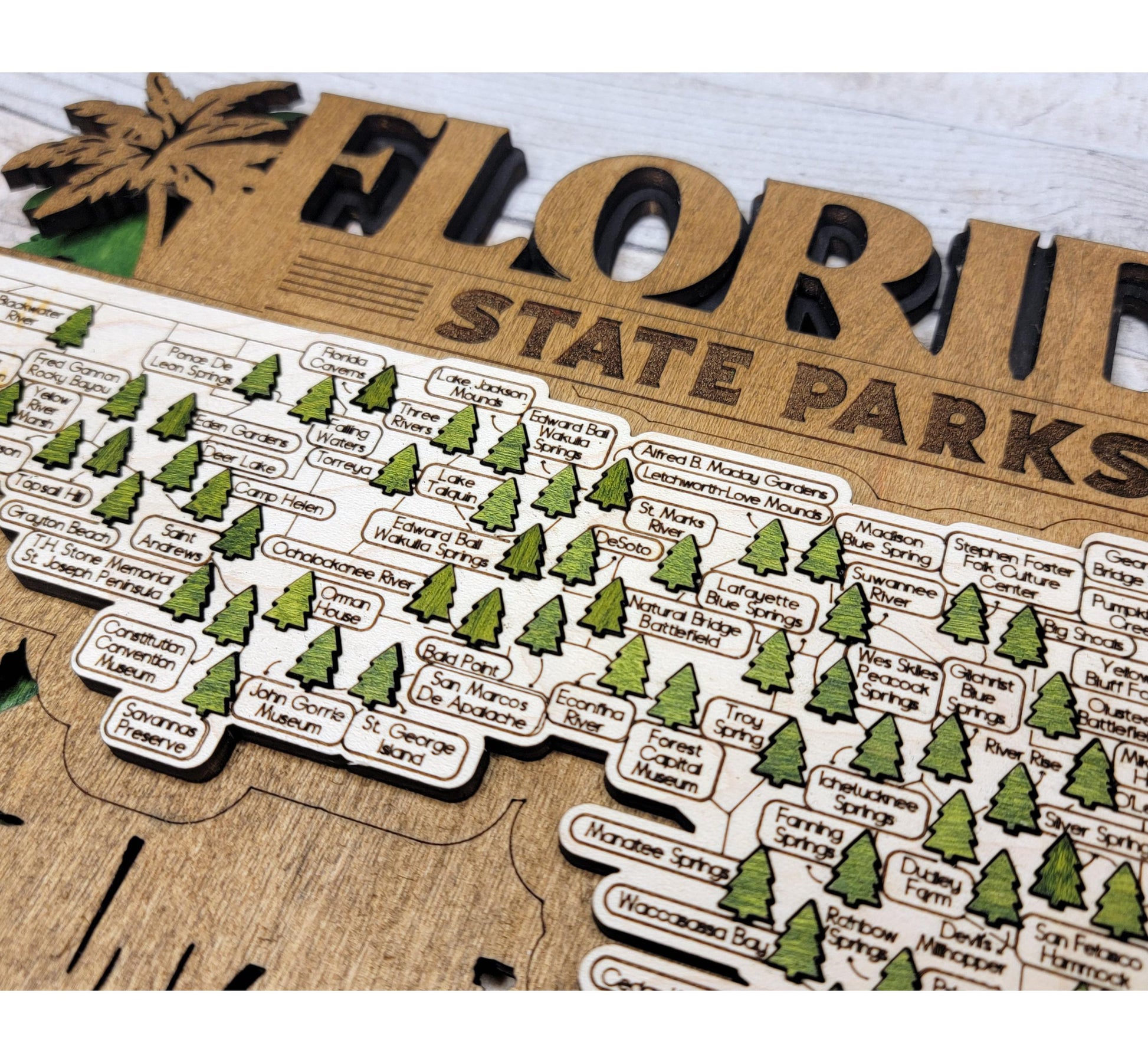 Detailed engraved Florida State Park map, laser cut wood wall art for outdoor and nature lovers and hikers