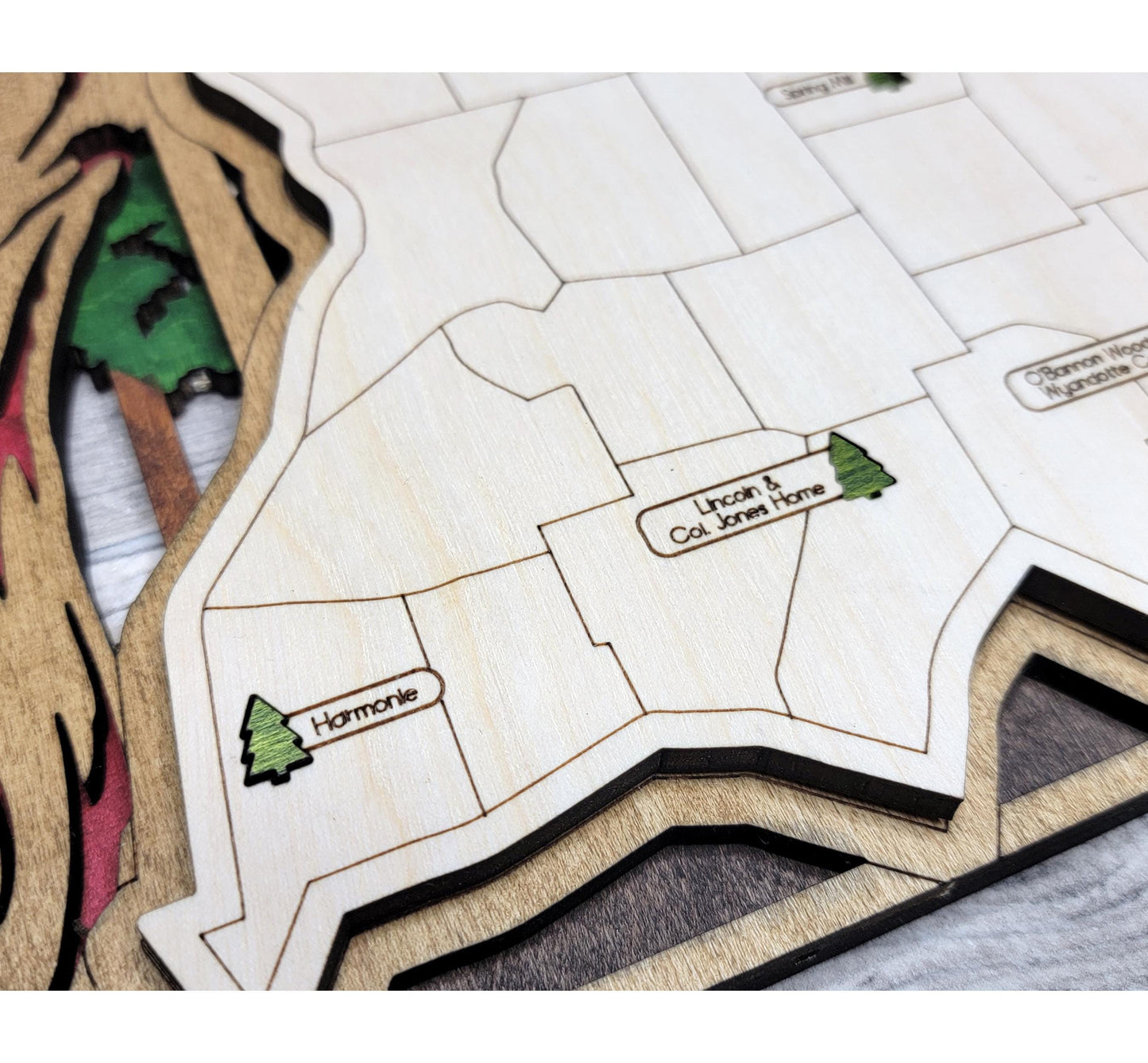 Detailed engraved Indiana State Park map, laser cut wooden wall art for outdoor and nature lovers