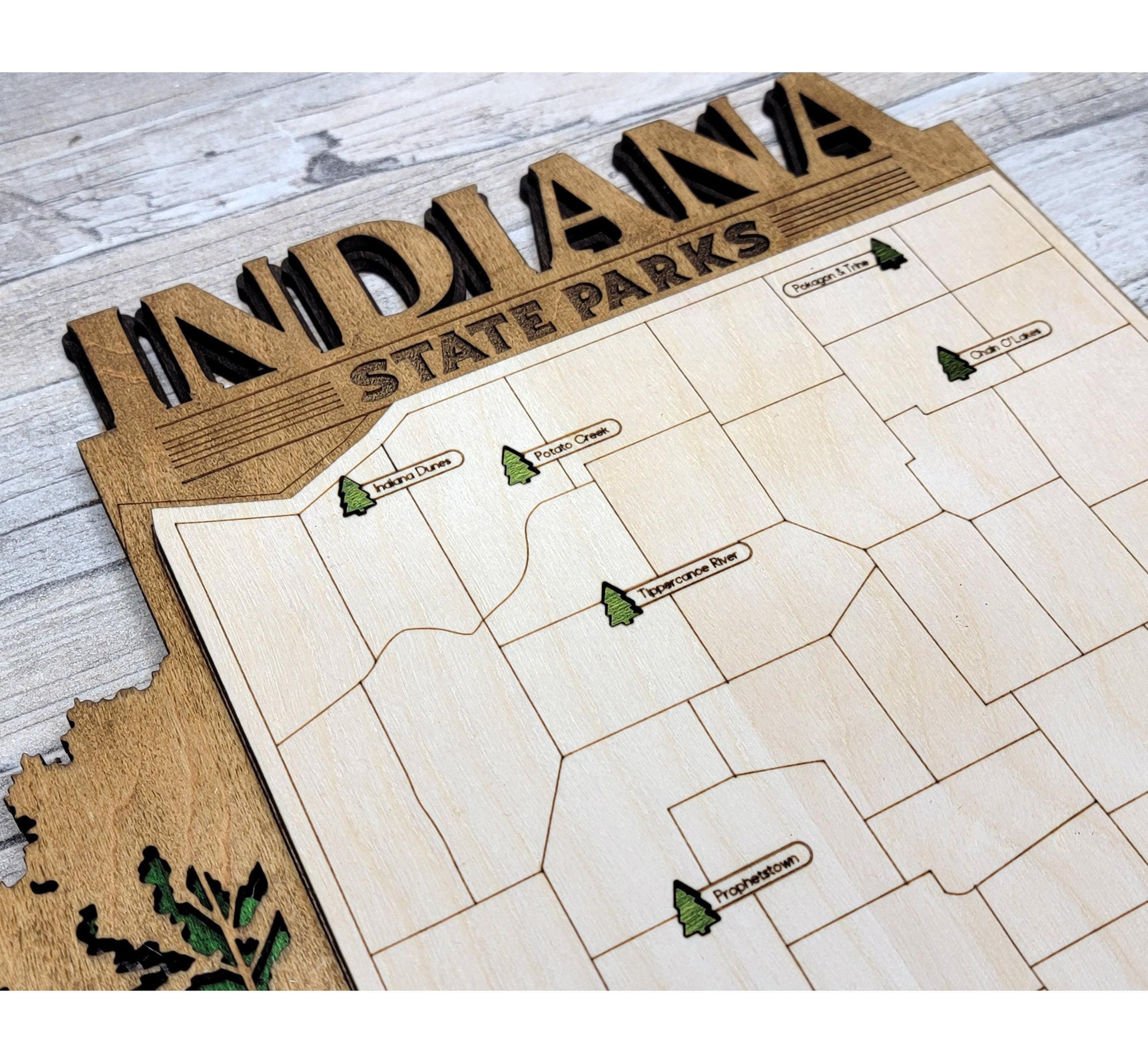 Custom engraved Indiana State Park travel map gift, wooden wall art for national and state park lovers