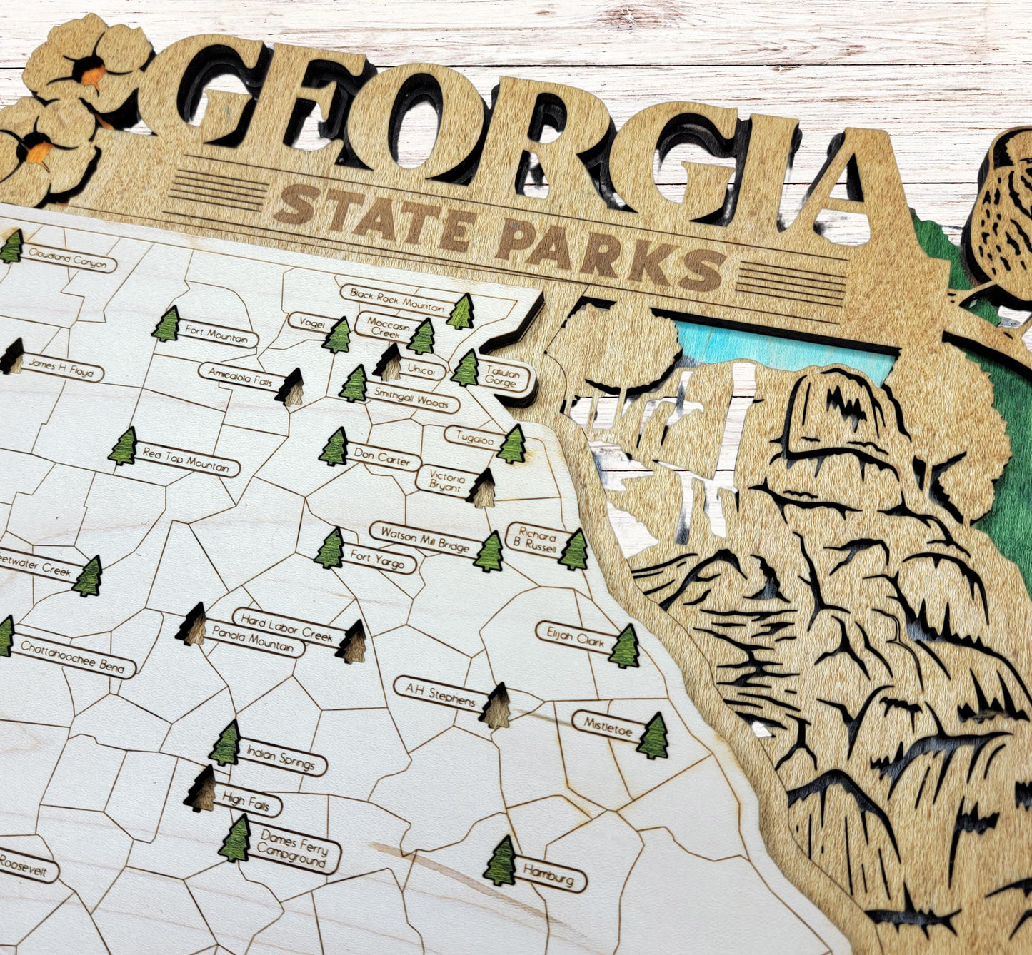 Custom engraved Georgia State Park travel map gift, wooden wall art for national and state park lovers and hikers