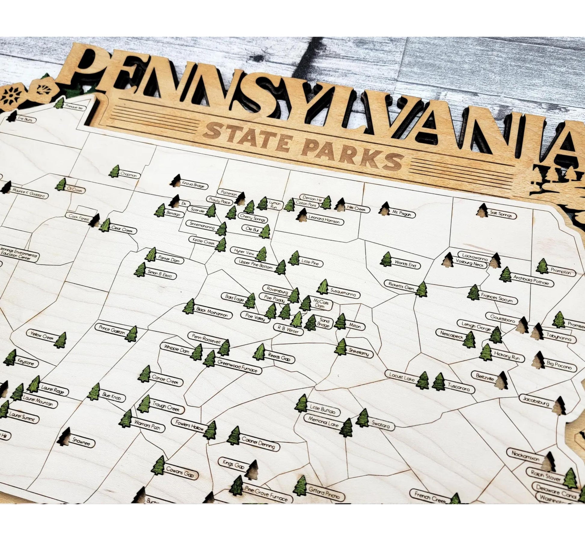 Personalized Pennsylvania State Park travel map, engraved wood wall art gift for hikers and campers