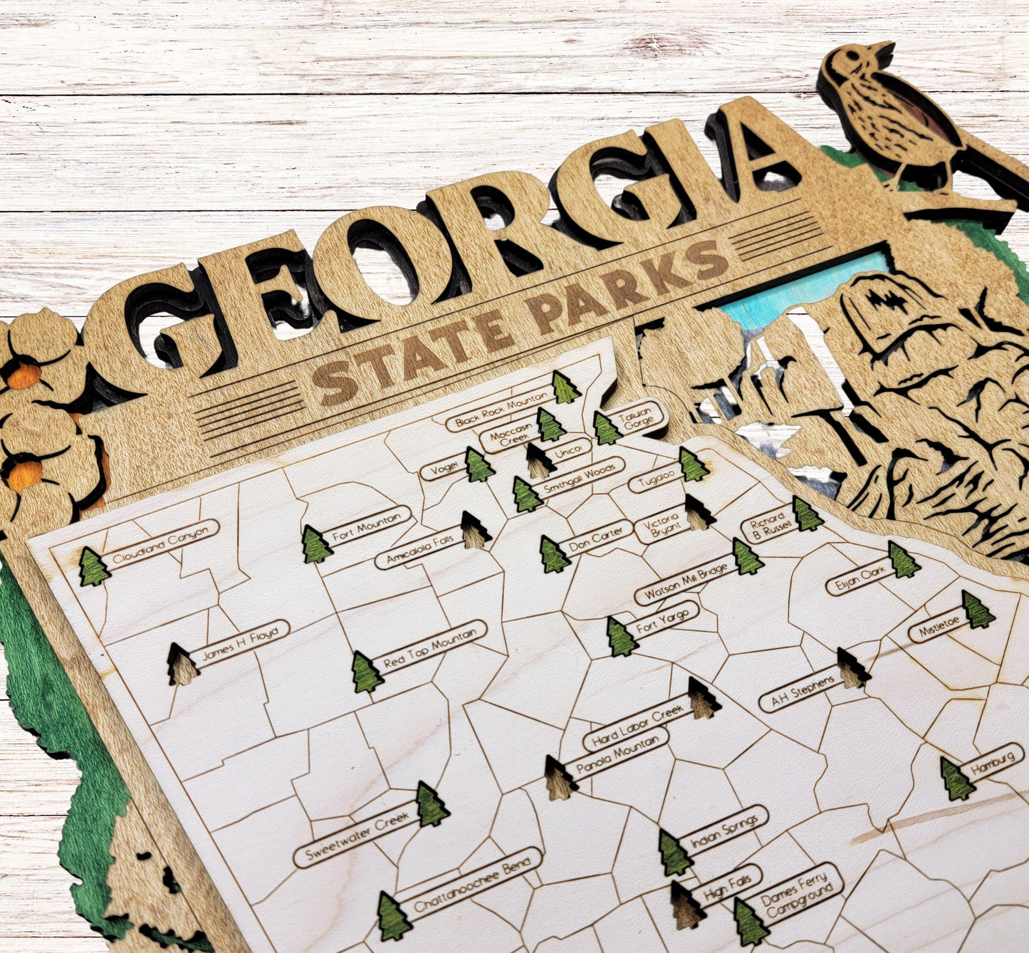 Detailed engraved Georgia State Park map, laser cut wooden wall art for outdoor and nature lovers