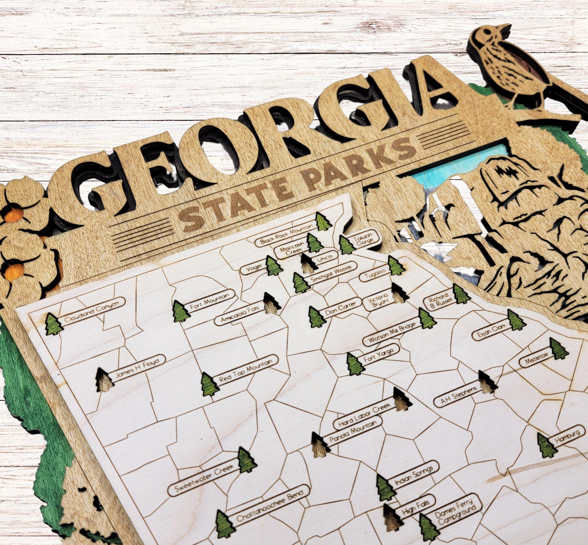 Detailed engraved Georgia State Park map, laser cut wooden wall art for outdoor and nature lovers