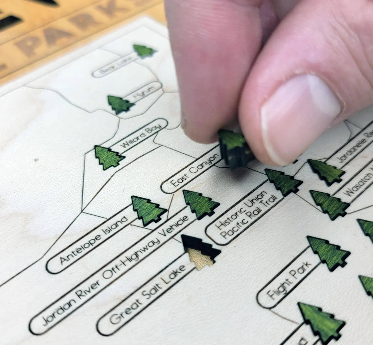 Detailed engraved Utah State Park map, laser cut wooden wall art for outdoor and nature lovers