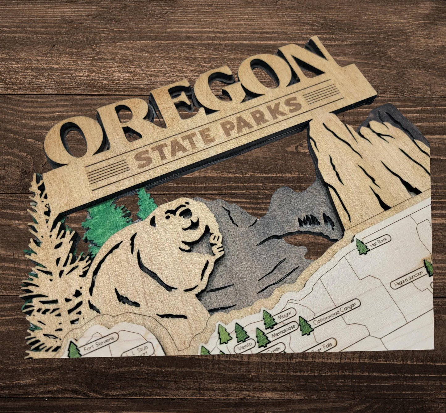 Detailed engraved Oregon State Park map, laser cut wooden wall art for outdoor and nature lovers
