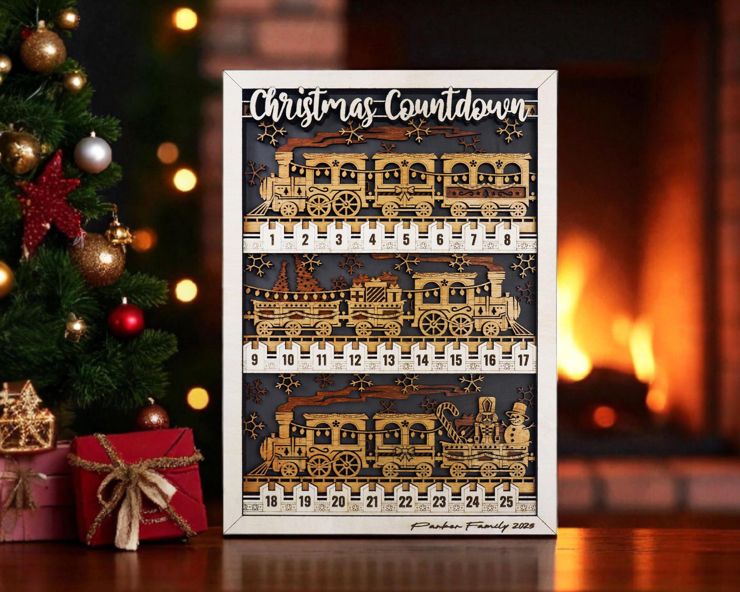 Large rustic train Christmas advent countdown, wood holiday decoration for family home