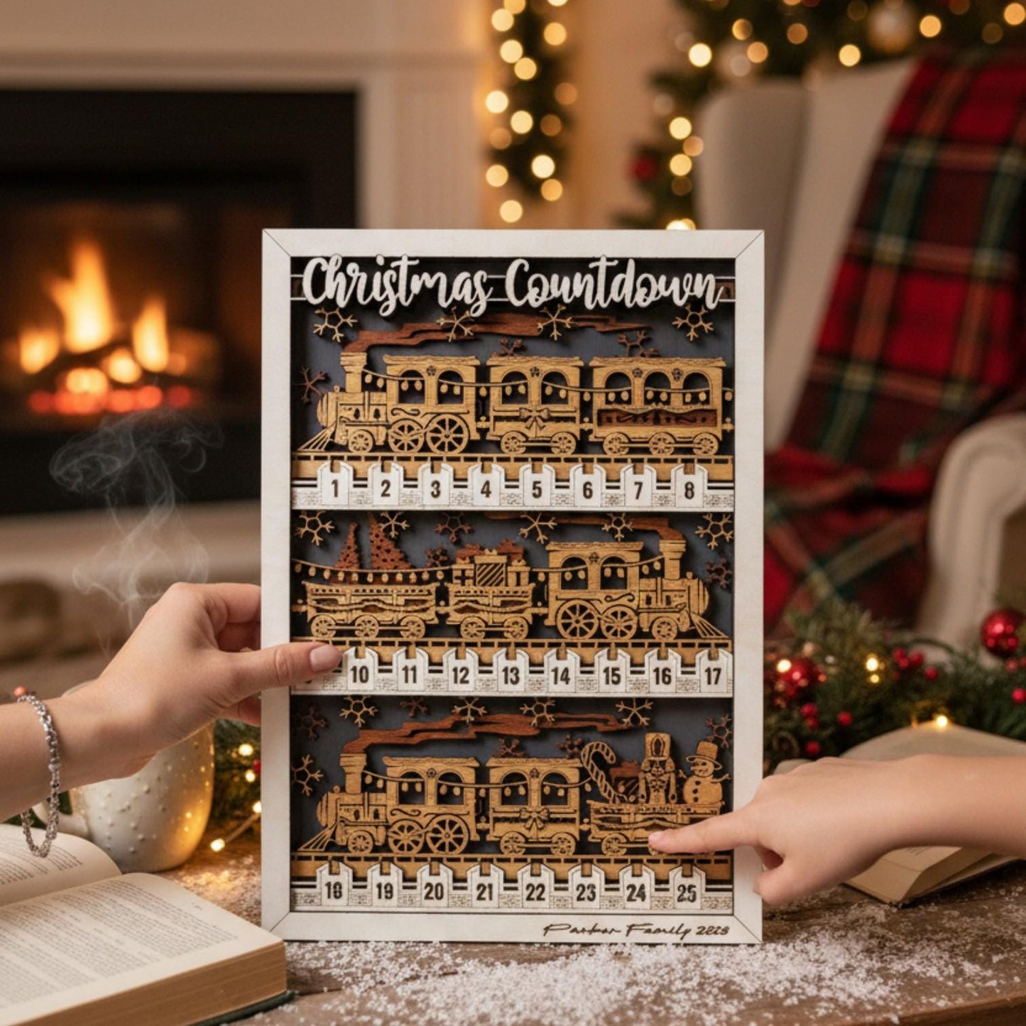 Wooden train shaped Christmas countdown, rustic farmhouse holiday decor piece for mantel or shelf